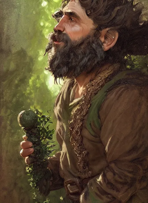 Image similar to medium-length portrait of a male gnome druid with short curly hair and brown eyes, long beard, dark brown skin, happy expression, wears a combination of dark green tunic and boiled leather, medieval setting, highly detailed, digital painting, artstation, concept art, sharp focus, illustration, art by greg rutkowski and alphonse mucha