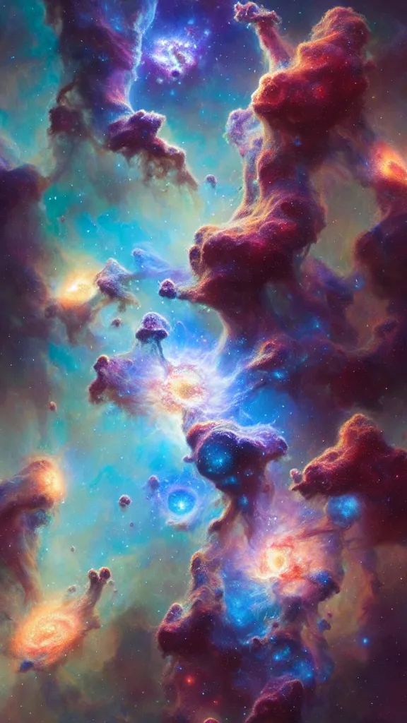 Image similar to psychedelic transcendent puffs! of smoke, space, supernova, nebulae, pillars of creation, enlightenment, high contrast lighting, highly detailed, concept art, art by collier, albert aublet, krenz cushart, artem demura, alphonse mucha