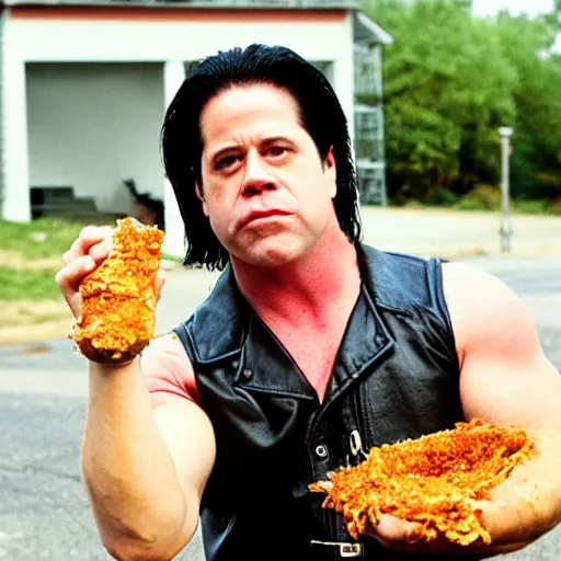 Image similar to Glenn Danzig eating a very messy chili dog. He is wearing a leather vest. Chili and beans have spilled on his bare chest.