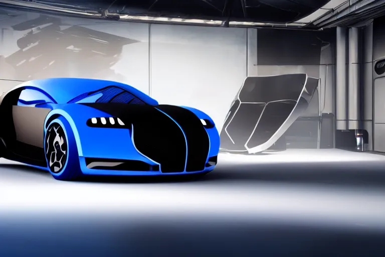 Image similar to cyberpunk bugatti concept inspired sports car, futuristic look, highly detailed body, very expensive, photorealistic camera shot, bright studio setting, studio lighting, crisp quality and light reflections, unreal engine 5 quality render