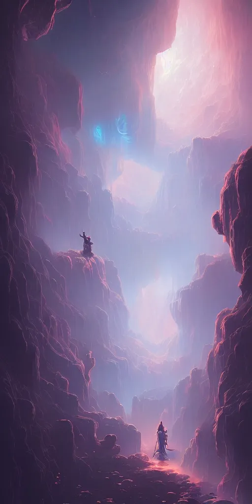 Image similar to Detailed Interior of the Blue Moon Cratered Canyon, Nebula Sky, Airless, light shafts, the glowing throne, stunning atmosphere, in Style of Peter Mohrbacher, cinematic lighting