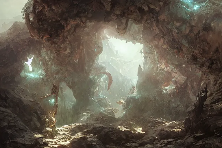 Prompt: painting of an evil cave entrance, concept art, intricate details, eerie, highly detailed, photorealistic, octane render, 8 k, unreal engine. art by artgerm and greg rutkowski and alphonse mucha