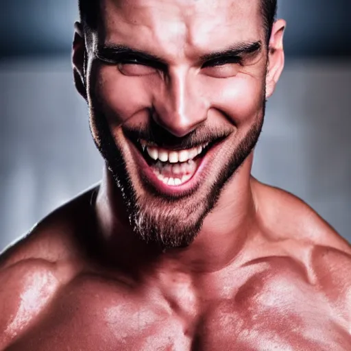 Image similar to attractive muscular man with a creepy smile bathing in milk