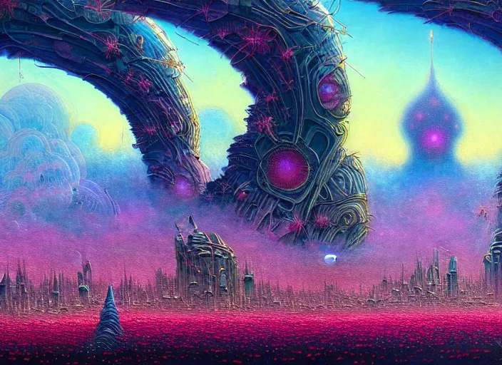 Image similar to a beautiful painting of a large alien city shrouded by mystic nebula magic in a field of flowers by moebius and android jones, oil on canvas sharp, details, hyper - detailed, hd, hdr, 4 k, 8 k