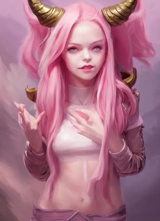 Prompt: a highly detailed illustration of cute smug pink haired pale girl with two curved horns wearing oversized pink hoodie, dramatic smirk pose, intricate, elegant, highly detailed, centered, digital painting, artstation, concept art, smooth, sharp focus, league of legends concept art, wlop.