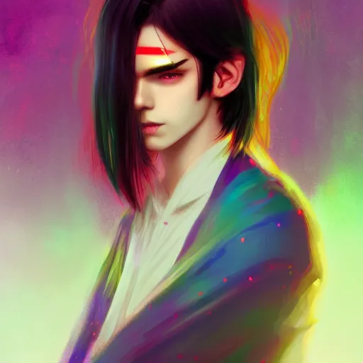 Image similar to colorful and festive captivating teenager boy with straight indigo hair, purple eyes with red eye markers, slim body, wearing a detailed japanese kimono. rich vivid colors, ambient lighting, dynamic lighting, 4 k, atmospheric lighting, painted, intricate, highly detailed by charlie bowater