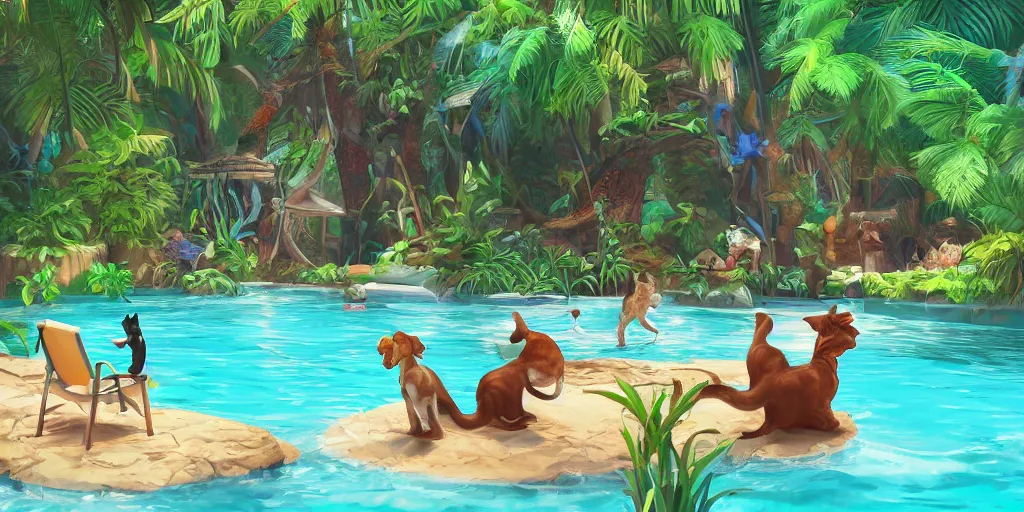 Image similar to swimming pool in the middle of the jungle a cat and a dog playing around , empty beach chair , highly detailed, digital painting, artstation, concept art