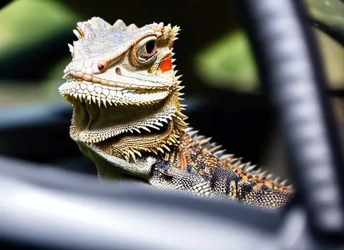 Image similar to dslr portrait still of a bearded dragon driving a little toy car, 8 k 8 5 mm f 1. 4