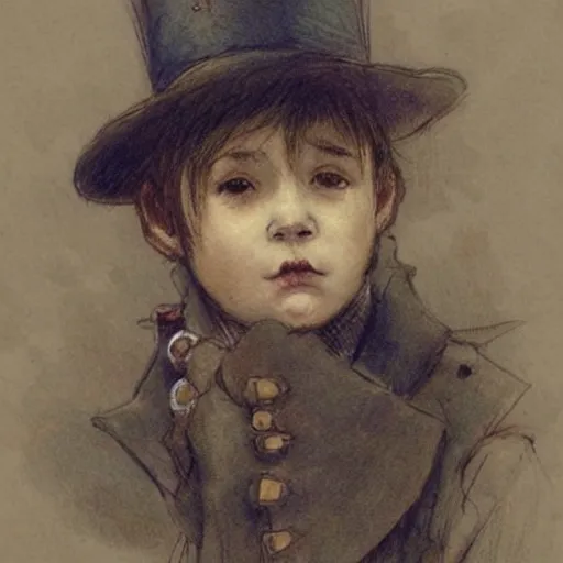 Prompt: sketch by Jean-Baptiste Monge !!!!!!!!!!!!!!!!!!!!!!!!!!!!!!!!!!!!! (((((((((((((portrait of boy dressed as steampunk detective wearing leather gloves . muted colors.)))))))))))))