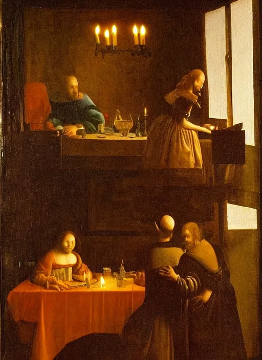 Image similar to a candlelit table at the inn, evening, dark room, two people sitting at the table, swirling smoke, dark smoke, realistic, in the style of leonardo da vinci, dutch golden age, amsterdam, medieval painting by jan van eyck, johannes vermeer, florence