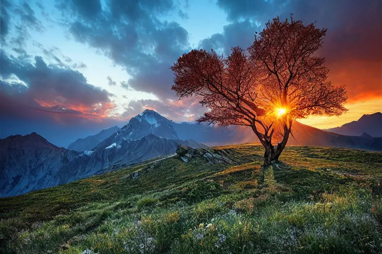 Image similar to A beautiful landscape photography of Caucasus mountains, a dead intricate tree in the foreground, sunset, dramatic lighting by Marc Adamus,