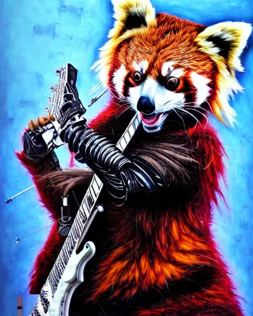 Image similar to a portrait of an anthropomorphic cyberpunk red panda shredding an electric guitar by sandra chevrier, by jon foster, detailed render, electric guitar, epic composition, cybernetics, 4 k realistic, cryengine, realistic shaded lighting, sharp focus, masterpiece, by enki bilal