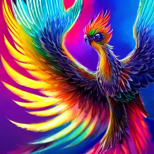 Image similar to cute flying chinese phoenix, sparkling bird eyes, embers in her bird eyes, shining rainbow feathers, sharp features, flowing fiery multicolor feathers, highly detailed, digital painting, artstation, concept art, smooth, sharp focus, beautiful rainbow feathers, expressive eyes, illustration, phoenix art by Artgerm and greg rutkowski