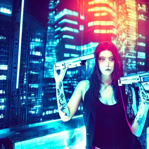 Image similar to “sensual cyberpunk girl with guns in her hands failing on the city, ultra realistic, neon lights, photo, 8k”