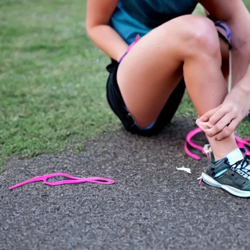 Image similar to lauren boebert struggling to tie her shoelaces, frustrated, angry