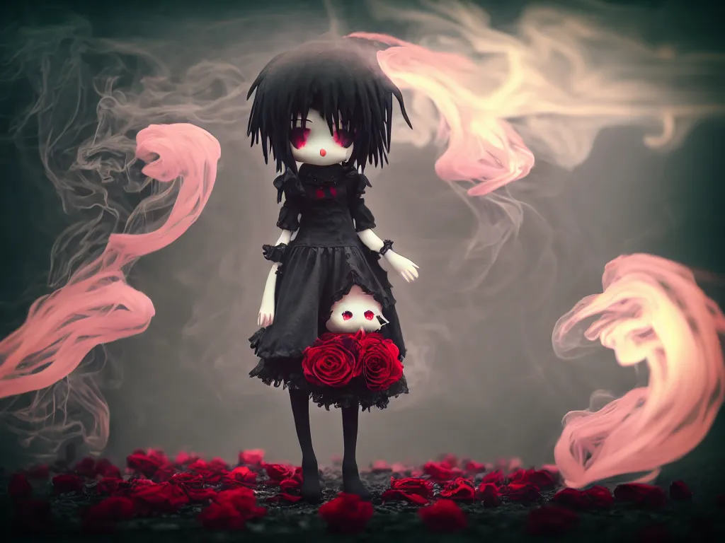 Image similar to cute fumo plush of a gothic maiden girl clutching lots of decayed roses, stale twilight, swirling vortices of emissive smoke and volumetric fog over the river, bokeh, vignette, vray