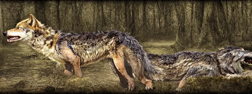 Image similar to chimera made of a wolf and a crocodile, photo of wolf, photo of crocodile, trending on deviantart, photo realism, realistic wood swamp, professional photoshop artwork utilizing professional photographs