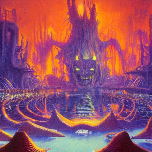 Image similar to a large water park in hell by paul lehr and moebius