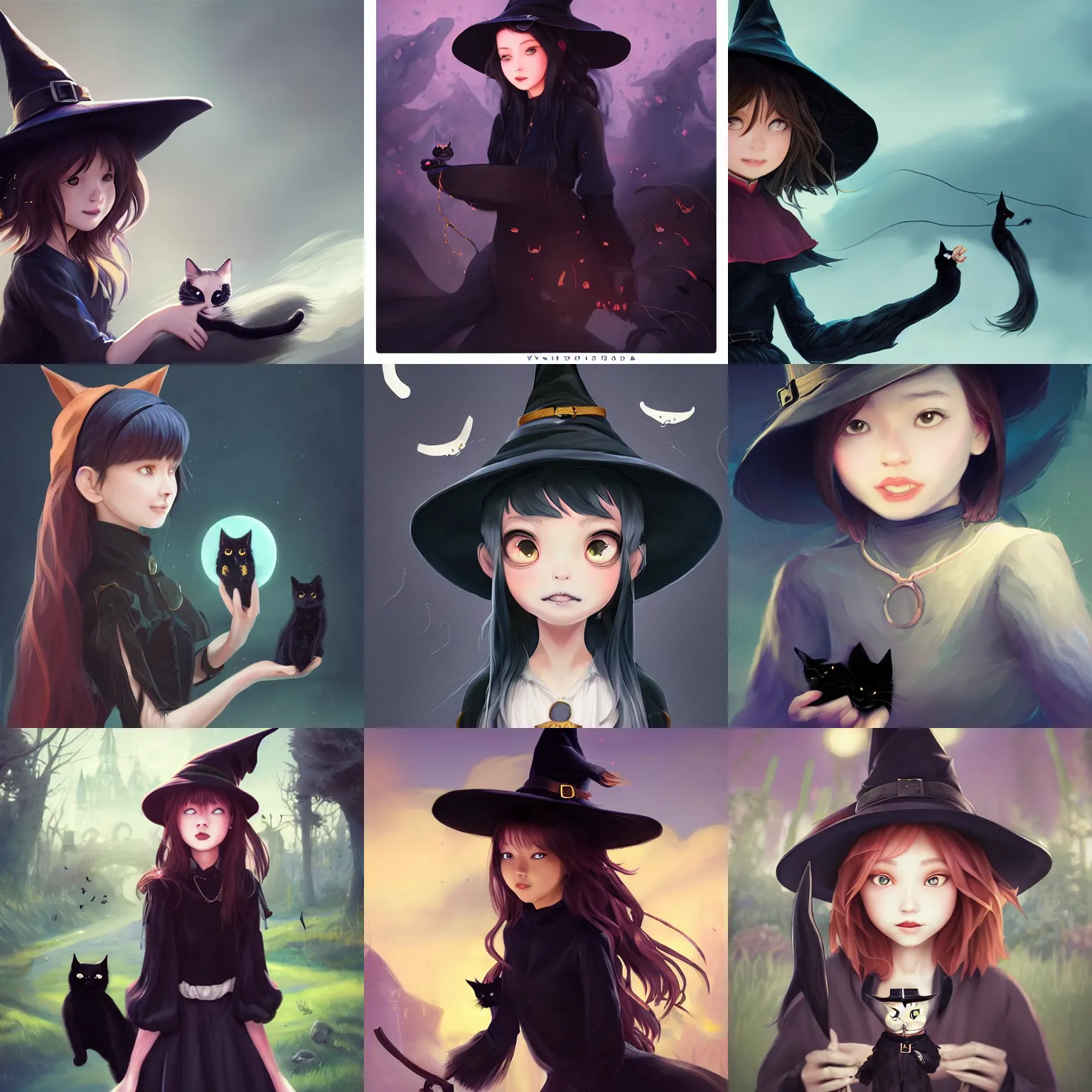 Prompt: mischievous young witch with her black cat familiar, highly detailed, digital painting, artstation, concept art, smooth, sharp focus, illustration, Unreal Engine 5, 8K, art by wlop, rossdraws, mingchen shen, bangkuart, sakimichan, yan gisuka, jeongseok lee, artstation, 4k