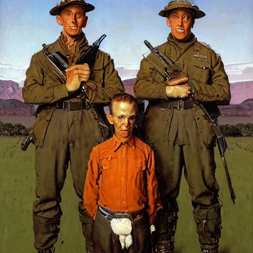 Image similar to portrait of a proud man flanked by two private soldiers. He has his hands on their shoulders. By Norman Rockwell and Gerald Brom