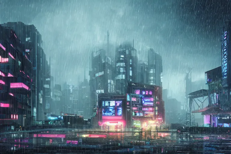 Image similar to cyberpunk, an estate agent listing photo, external view of a 5 bedroom detached city house in the UK, it's raining, by Paul Lehr, highly detailed, photorealistic, unreal engine, 8k,