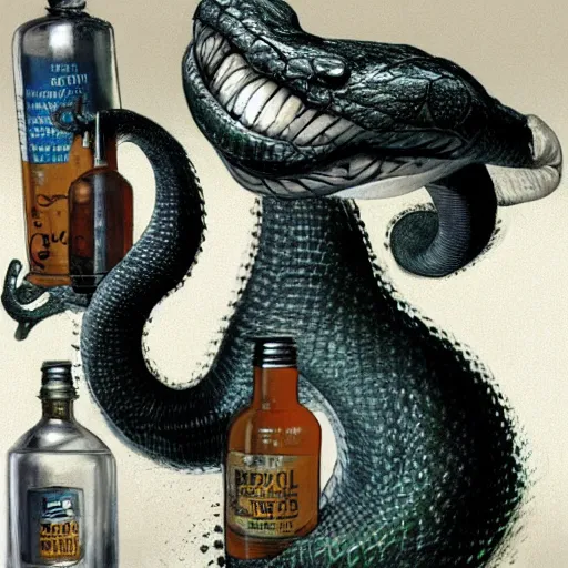 Image similar to a grinning anthropomorphic snake selling bottles of medicine, fantasy, dave mckean