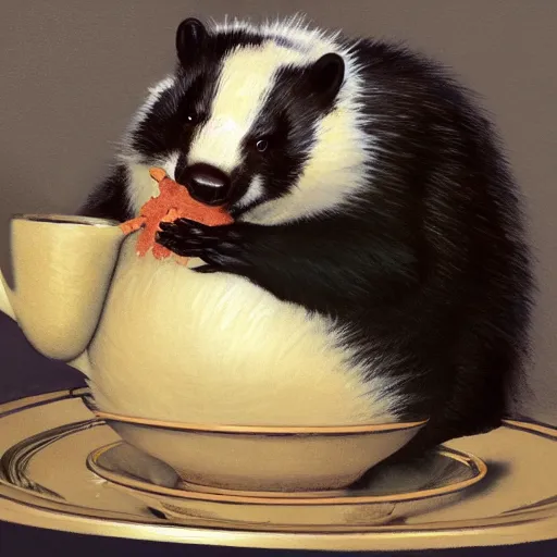 Image similar to Norman Rockwell painting of a fat badger drinking tea, artstation, furaffinity, high res, 4k