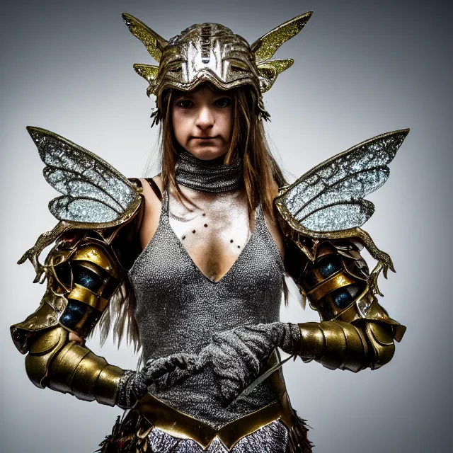 Prompt: full body photo of a fairy warrior wearing sparkly armour, highly detailed, 4 k, hdr, smooth, sharp focus, high resolution, award - winning photo