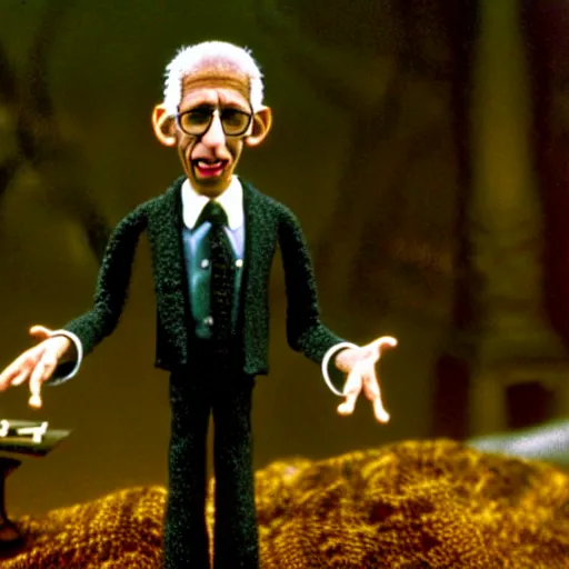 Image similar to claymation anthony fauci by klaus schwab, hyperrealistic, very detailed, tim burton, 3 5 mm film still, gothic, horror, eldritch