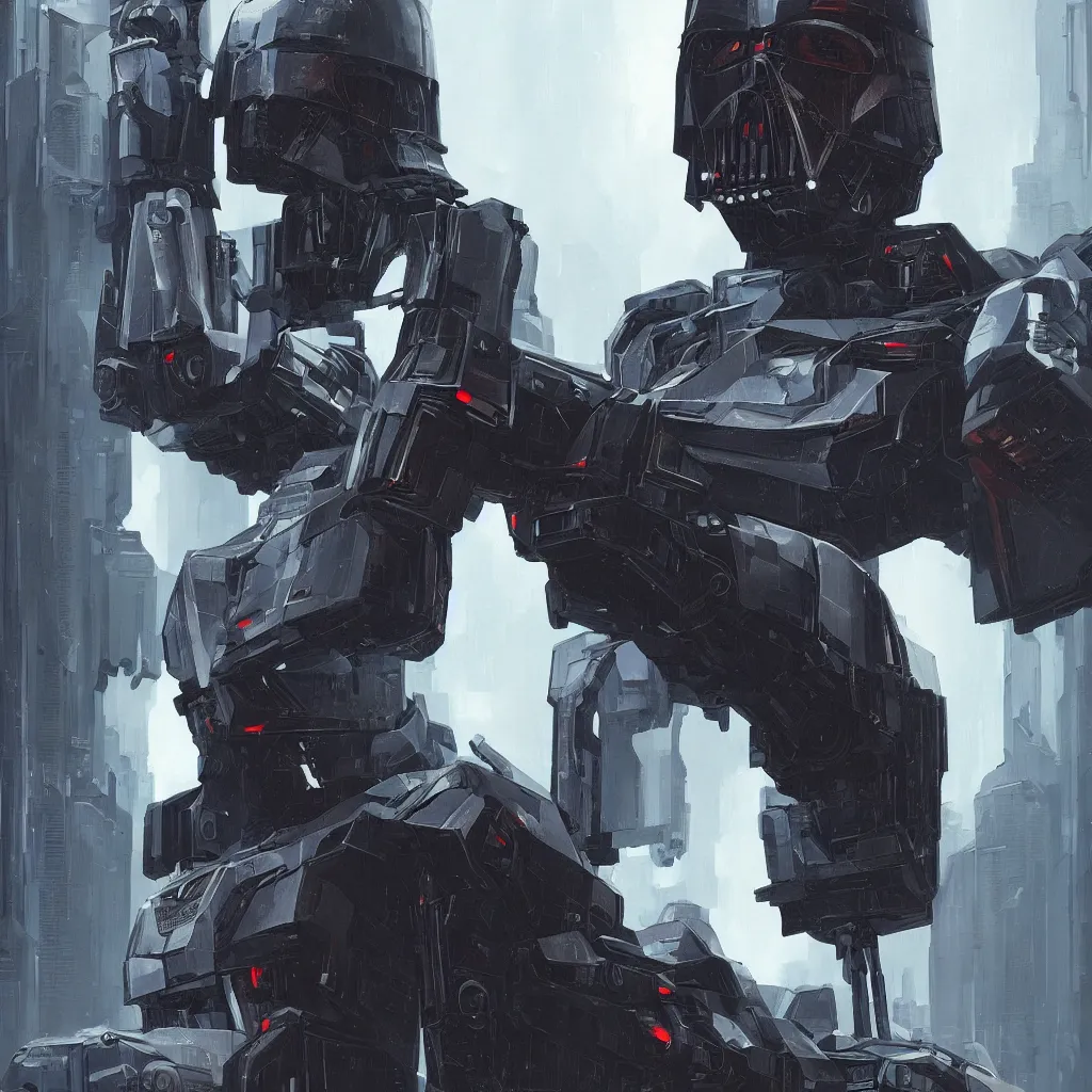 Prompt: Portrait of a mech, cyberpunk darth vader style, high detail, by Makoto Shinkai and Raphael Lacoste, trending on artstation
