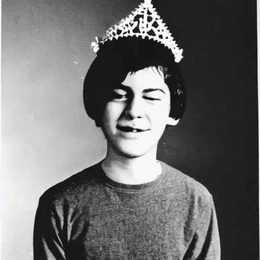 Prompt: a teenage boy with black hair and closed eyes wears a grey felt crown, old yearbook photo