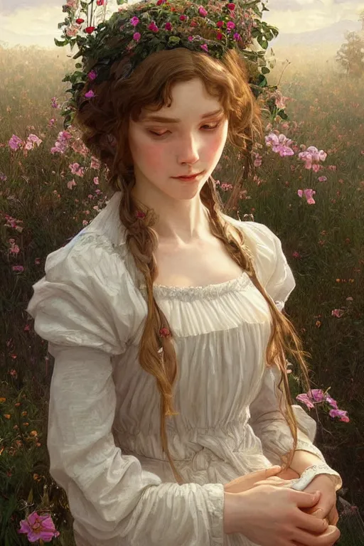 Image similar to beautiful cottagecore young peasant maiden, innocent, intricate, elegant, highly detailed, digital painting, artstation, concept art, smooth, sharp focus, illustration, art by artgerm and greg rutkowski and alphonse mucha