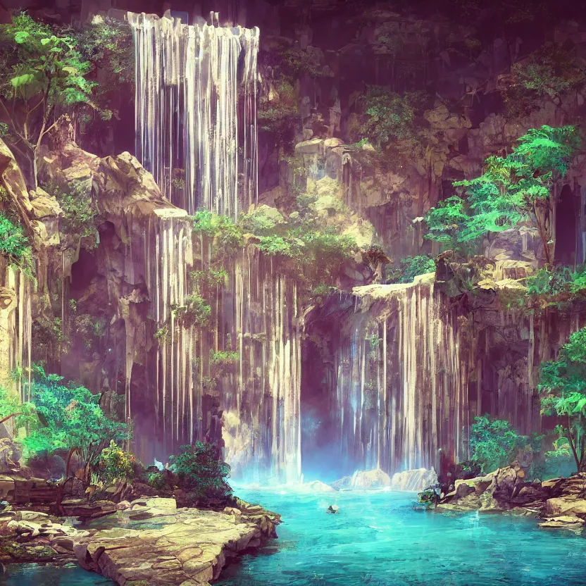 Image similar to a waterfall in the interior of a ancient arabian structure, epic retrowave art, trending on art station