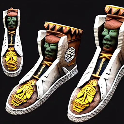 Image similar to realistic scultpure of sneaker! design, sneaker design overwatch fantasy style mixed with aztec mayan native street fashion, focus on sneakers only, shoes designed by akira toriyama and studio ghibli