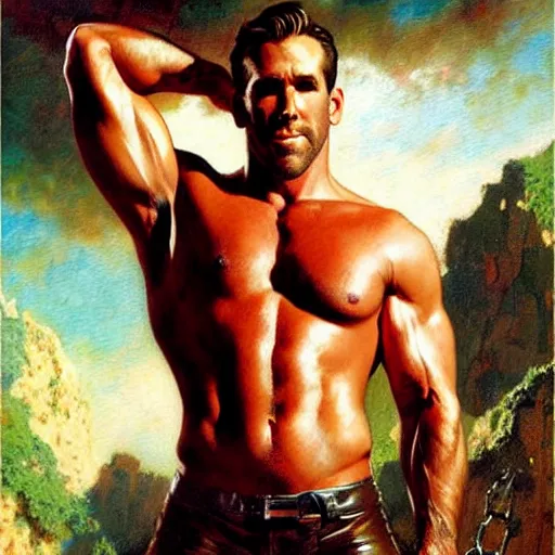 Image similar to muscular ryan reynolds putting on leather pants, painting by gaston bussiere, craig mullins, j. c. leyendecker, tom of finland