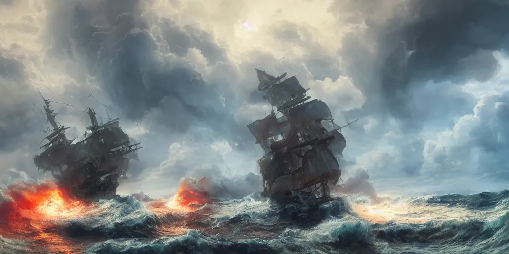 Prompt: photo of 8k ultra realistic ghost pirate ship on fire, swirling clouds and dramatic lighting, crashing waves, storm, lighting, full of colour, cinematic lighting, battered, trending on artstation, 4k, hyperrealistic, focused, extreme details,unreal engine 5, cinematic, masterpiece, art by Peter Mohrbacher