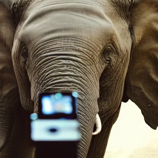 Image similar to the elephant man using an iphone to take a selfie