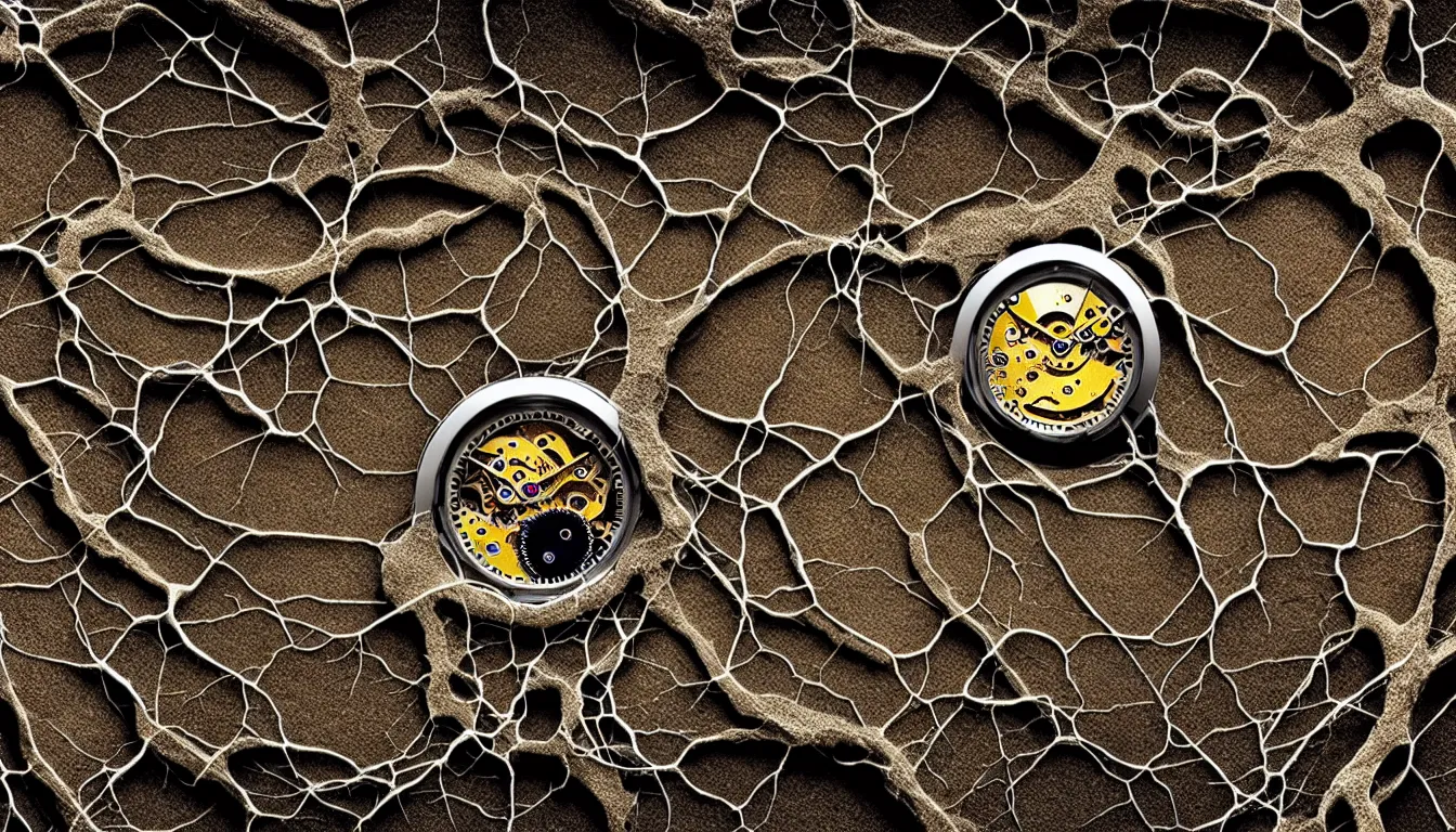 Prompt: detailed view from inside a clockwork watch, entangled roots, cracked earth, living microorganisms, decaying, hyper realistic photo, full colour, upscale, 8 k