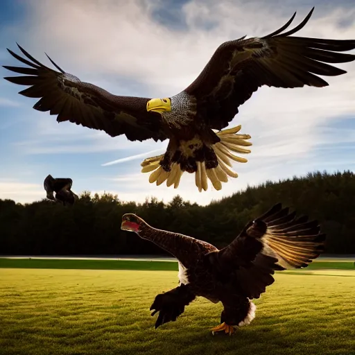 Image similar to cinematic photo of a giant eagle snatching away the oregon duck mascot with its talons. the eagle is lifting the duck into the sky. camera is looking up at the subject in the sky with fancy clouds behind