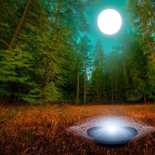 Image similar to oval shaped ufo with ethereal glow, hovering over a forest, large moon, night time, bigfoot