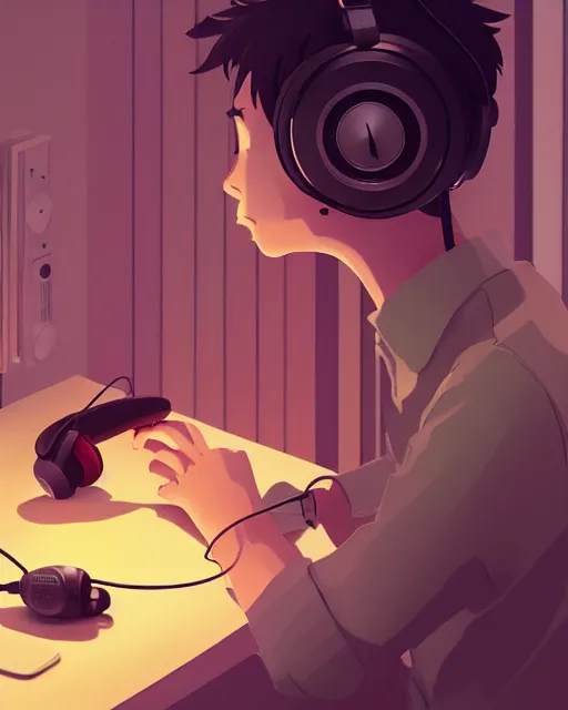 Image similar to man with headphones at his home studio producing music late at night, very detailed, 4 k, cory loftis, james gilleard, atey ghailan, makoto shinkai, goro fujita, studio ghibli, rim light, exquisite lighting, clear focus, very coherent