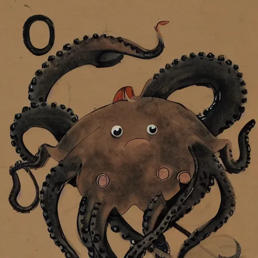 Image similar to a pig - octopus, calligraphy, ink on japanese rice paper