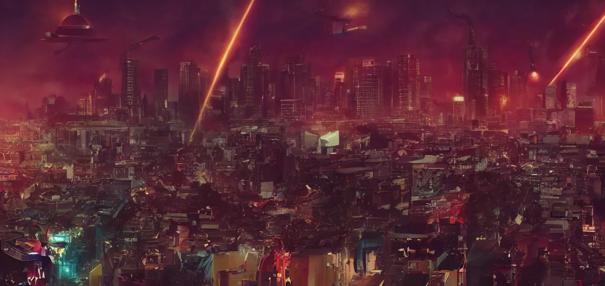 Image similar to The wide shot of disco punk rock Asian band with very long curly dark hair playing on guitars while giant Godzilla destructs the city, night city on the background, giant flying saucer in the sky, by Lubezki, David Lynch and Roland Emmerich, anamorphic 35 mm lens, cinematic, anamorphic lens flares 4k