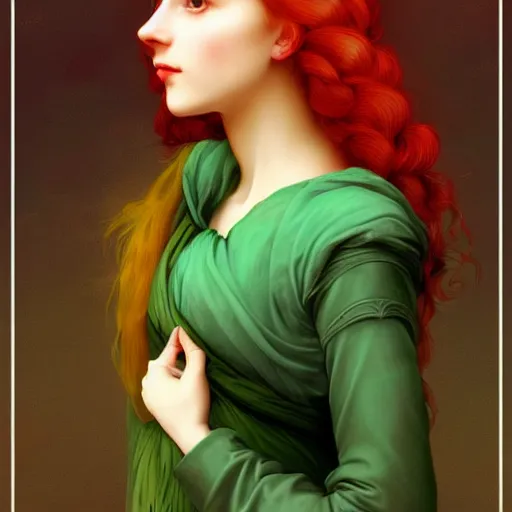 Image similar to a beautiful stunning fantasy whimsical matte digital portrait illustration of a pretty womam with bright green eyes and fiery red hair with a green bird on her shoulder, in the style of William Adolphe-Bouguereau and Marc Simonetti, magic the gathering, trending on artstation, contest winner