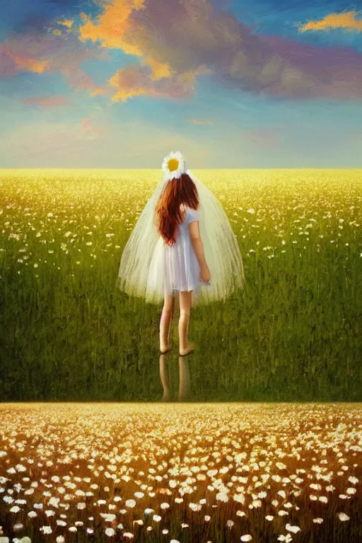 Image similar to giant white daisy flower veil, girl standing in a flower field, surreal photography, sunrise, dramatic light, impressionist painting, colorful clouds, digital painting, artstation, simon stalenhag