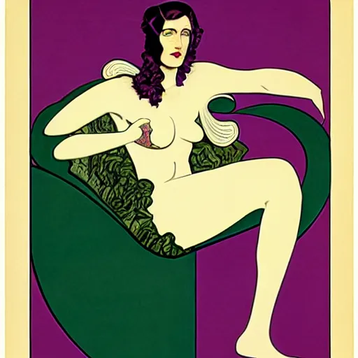 Image similar to Eva Green is Metamorpho, the Element Woman, Art by Coles Phillips, Chalk white skin, deep purple hair, Green eyes, Portrait of the actress, Eva Green as Metamorpho, geometric art, art deco, Alphonse Mucha, Vasily Kandinsky, carbon black and antique gold