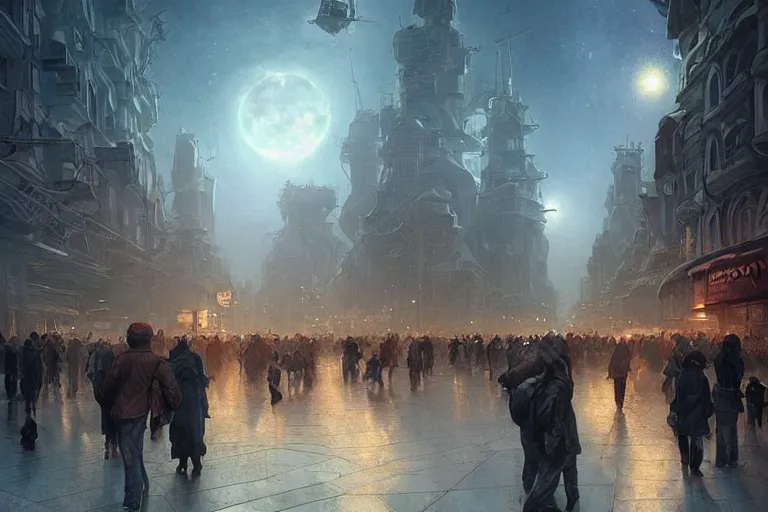 Image similar to crowded on the streets of Russian commie blocks on the Moon city, Norilsk, sci-fi, fantasy, earth seen on the dark sky, intricate, very very beautiful, elegant, highly detailed composition, digital rendering, artstation, concept art, smooth, sharp focus, illustration, art by artgerm and greg rutkowski and alphonse mucha