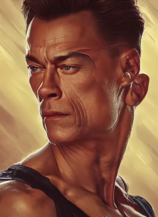 Image similar to symmetry!! jean claude van damme, machine parts embedded into face, intricate, elegant, highly detailed, digital painting, artstation, concept art, smooth, sharp focus, illustration, art by artgerm and greg rutkowski and alphonse mucha, 8 k