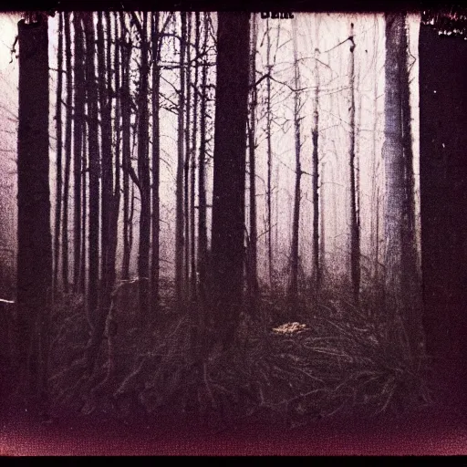 Prompt: concrete structure in a forest clearing at night, neon light, minimalistic architecture, dark, surreal, open space, james turrel, old polaroid, expired film,