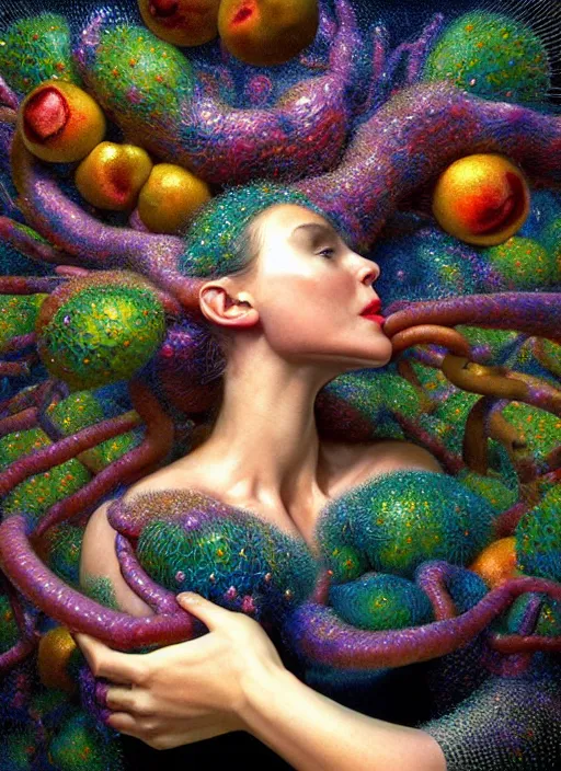 Image similar to hyper detailed 3d render like a Oil painting - Aurora (Singer) Eats of the Strangling Fruit and Her delicate Hands hold of gossamer thin polyp celium blossoms bring iridescent fungal flowers whose spores black the foolish stars by Jacek Yerka, Mariusz Lewandowski, Houdini algorithmic generative render, Abstract brush strokes, Masterpiece, Edward Hopper and James Gilleard, Zdzislaw Beksinski, Mark Ryden, Wolfgang Lettl, hints of Yayoi Kasuma, octane render, unreal engine 5 render, 8k